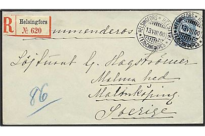 20 kop. Våbentype med ringe helsagskuvert sendt anbefalet fra Helsingfors d. 13.8.1900 til Malmköping, Sverige.