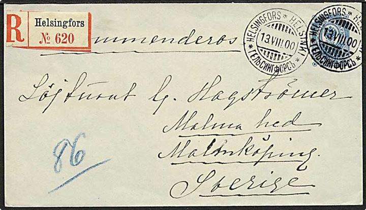 20 kop. Våbentype med ringe helsagskuvert sendt anbefalet fra Helsingfors d. 13.8.1900 til Malmköping, Sverige.