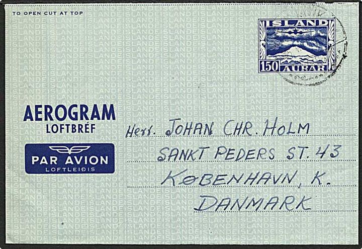 150 aur helsags-aerogram fra Reykjavik 1953 til København, Danmark.