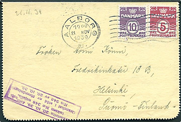 5 øre og 10 øre Bølgelinie på korrespondancekort fra Aalborg d. 21.11.1939 til Helsinki, Finland. Finsk vinterkrigscensur.