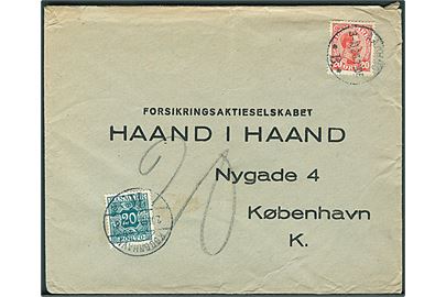 20 øre Chr. X på underfrankeret brev fra Aarhus d. 3.10.1926 til København. Udtakseret i porto med 20 øre Portomærke stemplet København K. d. 4.10.1926.