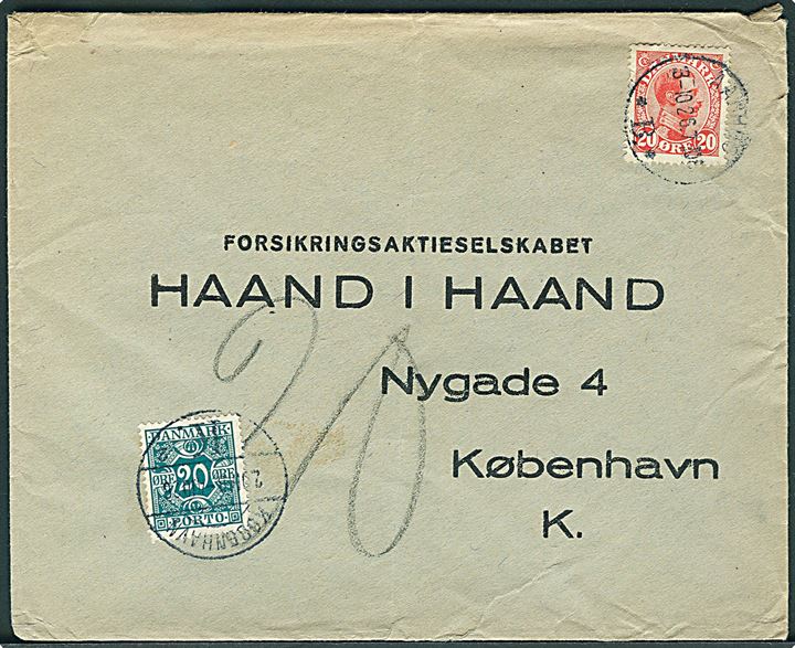 20 øre Chr. X på underfrankeret brev fra Aarhus d. 3.10.1926 til København. Udtakseret i porto med 20 øre Portomærke stemplet København K. d. 4.10.1926.
