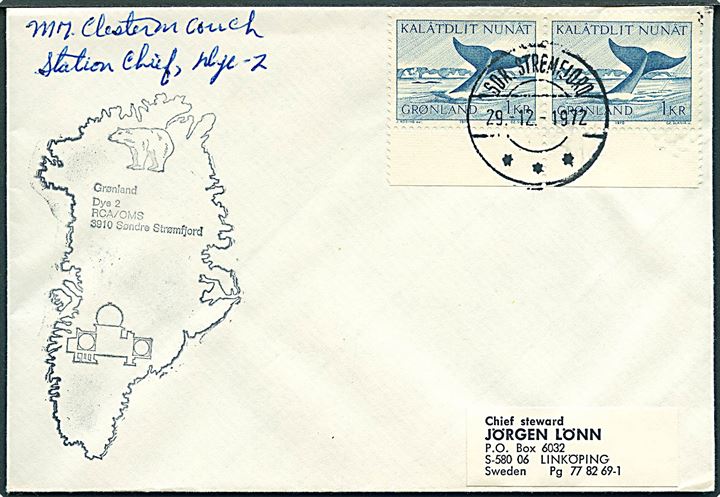 1 kr. Grønlandshval i parstykke på brev fra Sdr. Strømfjord d. 29.12.1972 til Linköping, Sverige. Stort stempel fra radarstationen DYE2 på indlandsisen.