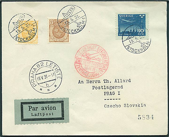 2 öre, 3 öre Tre Kroner og 10 öre Luftpost på luftpost tryksag stemplet Stockholm d. 15.5.1931 via Berlin til Prag, Tjekkoslovakiet. 