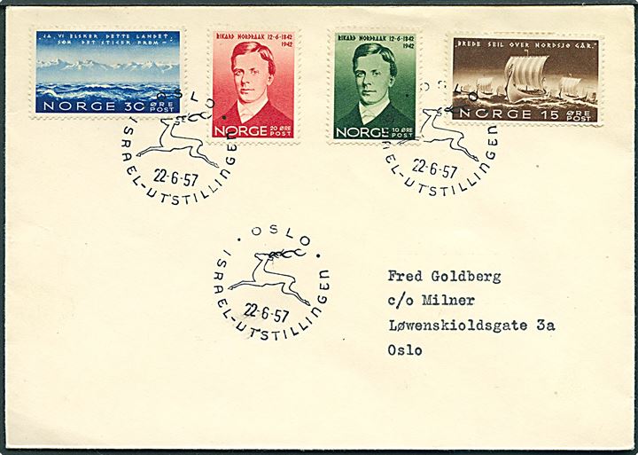 Komplet sæt Rikard Nordraak udg. på brev annulleret med særstempel Oslo / Israel-Utstillingen  d. 22.6.1957 til Oslo.
