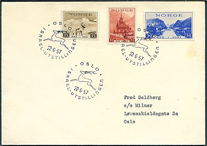 Komplet sæt Turist udg. på brev annulleret med særstempel Oslo / Israel-Utstillingen d. 22.6.1957 til Oslo.