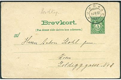 5 øre helsagsbrevkort stemplet Nordkap d. 14.6.1903 til Wien, Østrig.