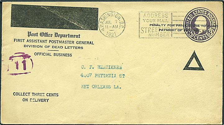3 c. helsagskuvert overtrykt og benyttet som postsag fra Division of Dead Letters i Washington DC d. 7.7.1921 til New Orleans.