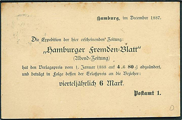 Ufrankeret postsags-brevkort fra Hamburg d. 14.12.1887 til København Postkontor, Danmark. 