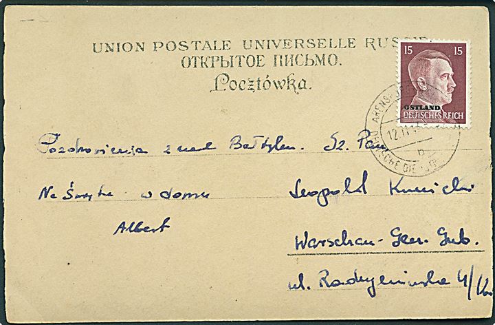 Ostland. 15 pfg. Hitler provisorium på brevkort stemplet Arensburg Deutsche Dienstpost Ostland d. 12.11.1943 til Warszawa.