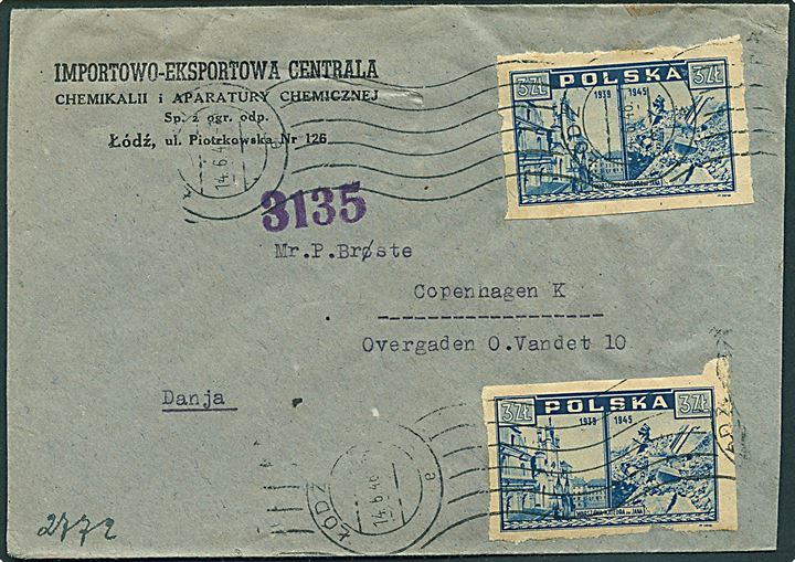 3 zl. Krigsskade udg. (2) utakket på brev fra Lodz d. 14.6.1946 til København, Danmark.