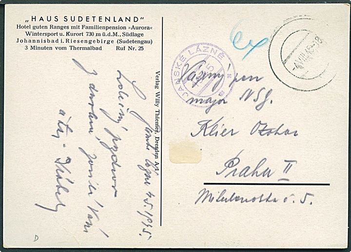 60 h. barfrankeret brevkort Haus Sudetenland, Johannisbad med stumt stempel d. 4.8.1945 og violet provisorisk stempel Janske Lazne / 1945 til Prag.