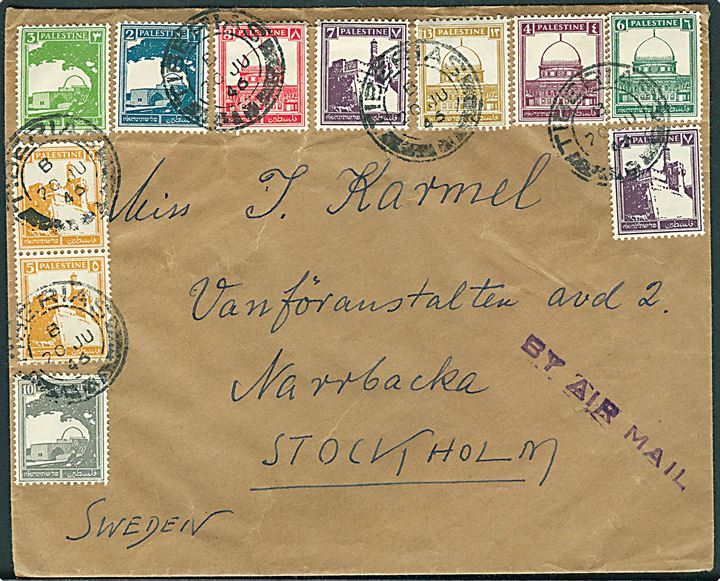 Blandingsfrankeret luftpostbrev fra Tiberias d. 20.8.1946 til Stockholm, Sverige.