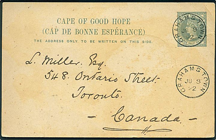 1½d Victoria helsagsbrevkort fra Grahamstown d. 8.6.1892 til Toronto, Canada.