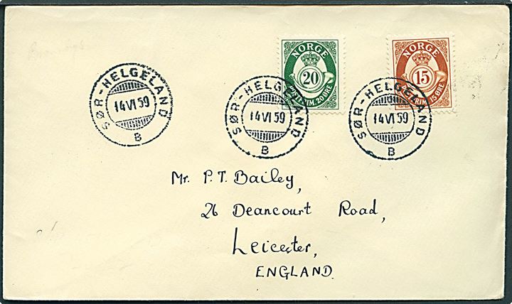 15 øre og 20 øre Posthorn på brev annulleret med sejlende bureaustempel Sør-Helgeland B d. 14.6.1959 til Leicester, England.