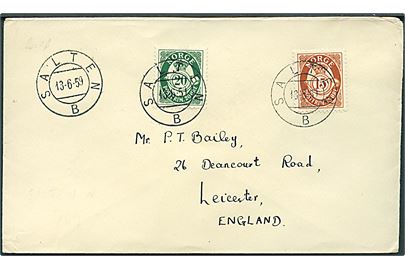 15 øre og 20 øre Posthorn på brev annulleret med sejlende bureaustempel Salten B d. 13.6.1959 til Leicester, England.