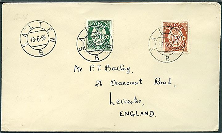 15 øre og 20 øre Posthorn på brev annulleret med sejlende bureaustempel Salten B d. 13.6.1959 til Leicester, England.