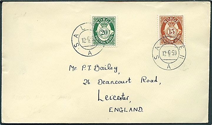15 øre og 20 øre Posthorn på brev annulleret med sejlende bureaustempel Salten A d. 12.6.1959 til Leicester, England.