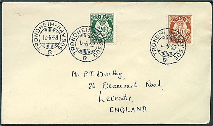 15 øre og 20 øre Posthorn på brev annulleret med sejlende bureaustempel Trondheim - Namsos B d. 12.6.1959 til Leicester, England.
