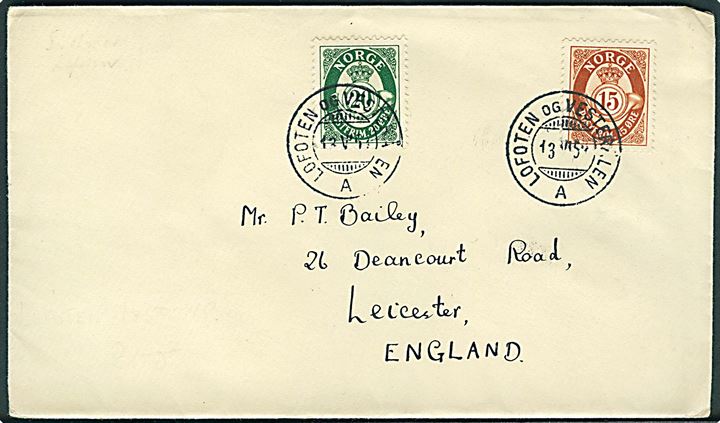 15 øre og 20 øre Posthorn på brev annulleret med sejlende bureaustempel Lofoten og Vesterålen A d. 13.6.1959 til Leicester, England.