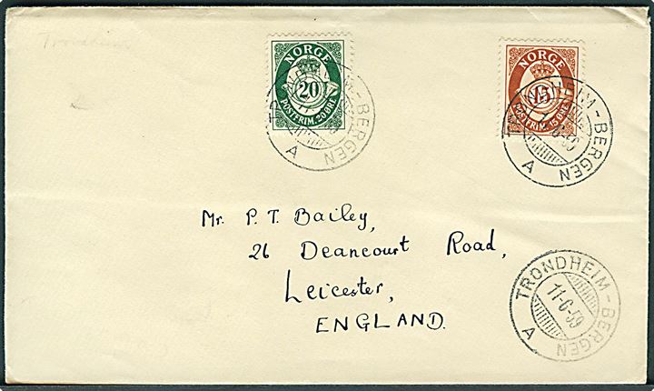 15 øre og 20 øre Posthorn på brev annulleret med sejlende bureaustempel Trondheim - Bergen A d. 11.6.1959 til Leicester, England.