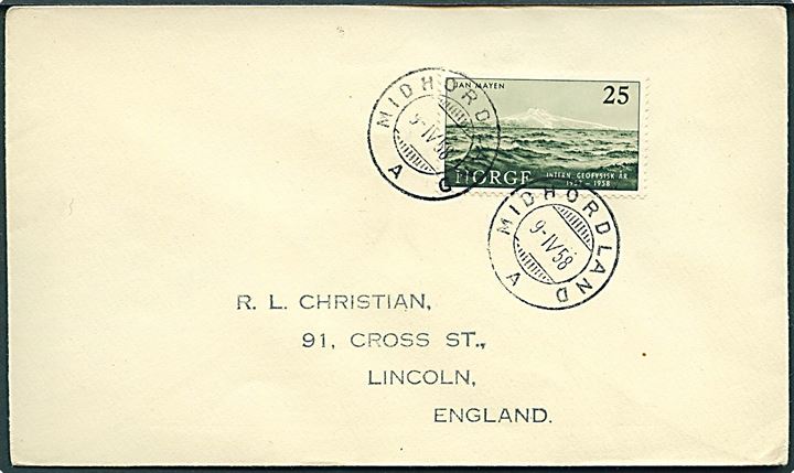 25 øre Jan Mayen på brev annulleret med sejlende bureaustempel Midhordland A d. 9.4.1958 til Lincoln, England.