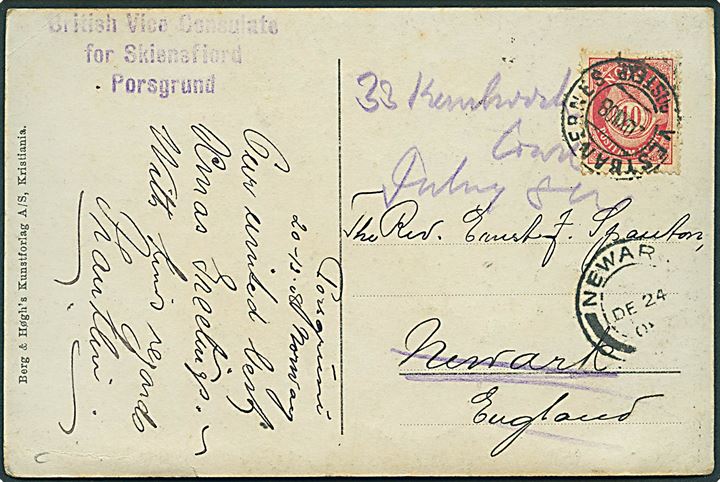 10 øre Posthorn på brevkort fra Porsgrund annulleret med bureaustempel Vestbanernes Postexp. d. 20.12.1908 til Newark, England. Afs.-stempel: British Vice Consulate for Skienfiord - Porsgrund.