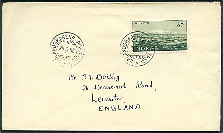 25 øre Jan Mayen på brev annulleret med bureaustempel Hølandsbanens Posteksp. * d. 29.5.1958 til Leicester, England.