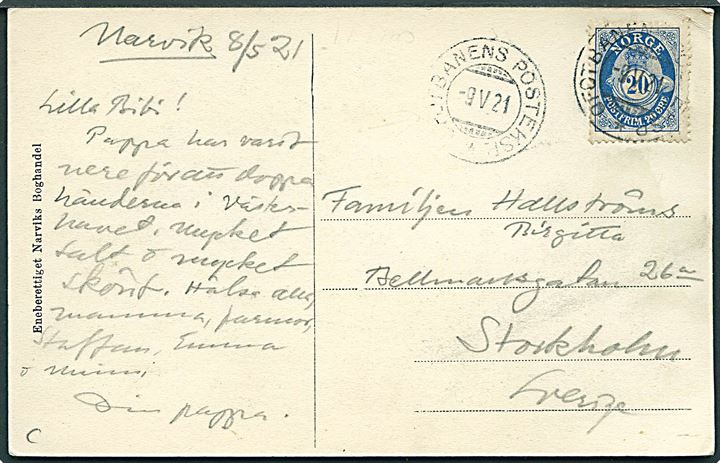 20 øre Posthorn på brevkort (Frostisen med Lapvikstinden) dateret Narvik og annulleret med bureaustempel Ofotbanens Posteksp. * d. 9.5.1921 til Stockholm, Sverige.