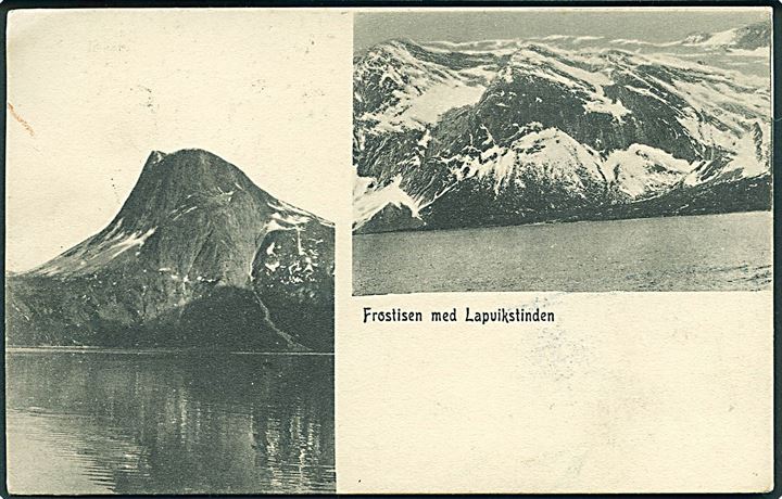 20 øre Posthorn på brevkort (Frostisen med Lapvikstinden) dateret Narvik og annulleret med bureaustempel Ofotbanens Posteksp. * d. 9.5.1921 til Stockholm, Sverige.