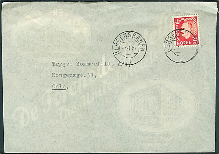 25 øre Hakon på brev fra Bergen annulleret med bureaustempel Bergensbanen L d. 22.7.1951 til Oslo.