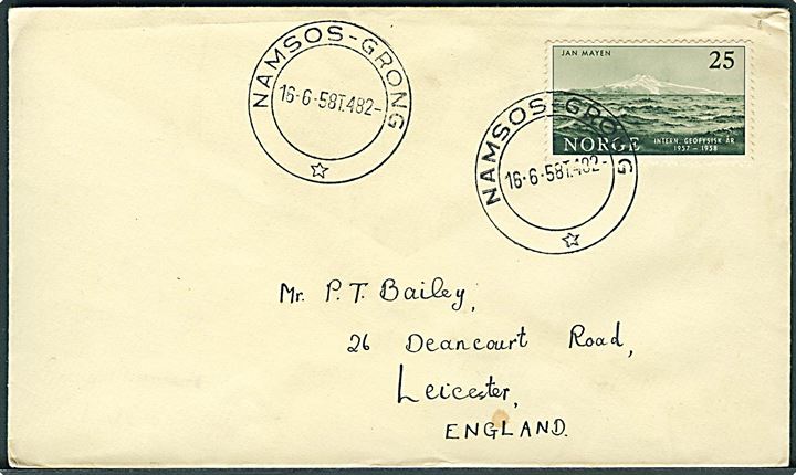 25 øre Jan Mayen på brev annulleret med bureaustempel Namsos - Grong T.482 d. 16.6.1958 til Leicester, England.