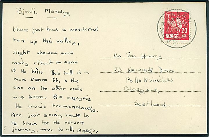 20 øre Olav den Hellige på brevkort (Romsdalshorn) annulleret med bureaustempel Raumabanen A d. 21.7.1930 til Glasgow, Scotland.