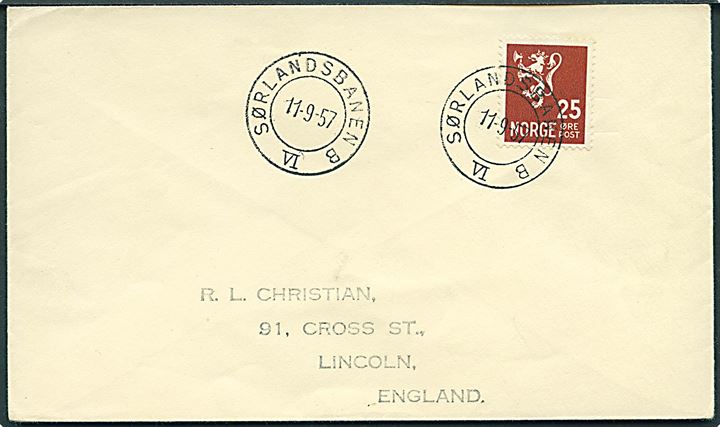 25 øre Løve på brev annulleret med bureaustempel Sørlandsbanen B VI d. 11.9.1957 til Lincoln, England.