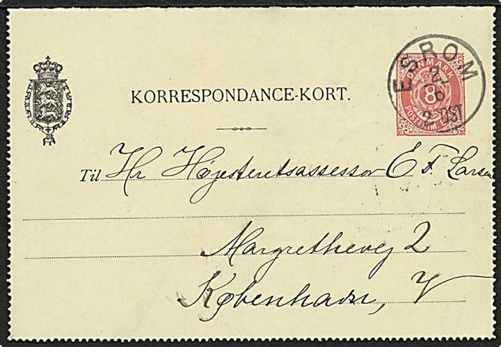 8 øre helsags korrespondancekort annulleret med lapidar stempel Esrom d. 2.6.1892 til København.