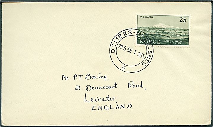 25 øre Jan Mayen på brev annulleret med bureaustempel Dombås - Åndalsnes T.351 d. 29.5.1958 til Leicester, England.
