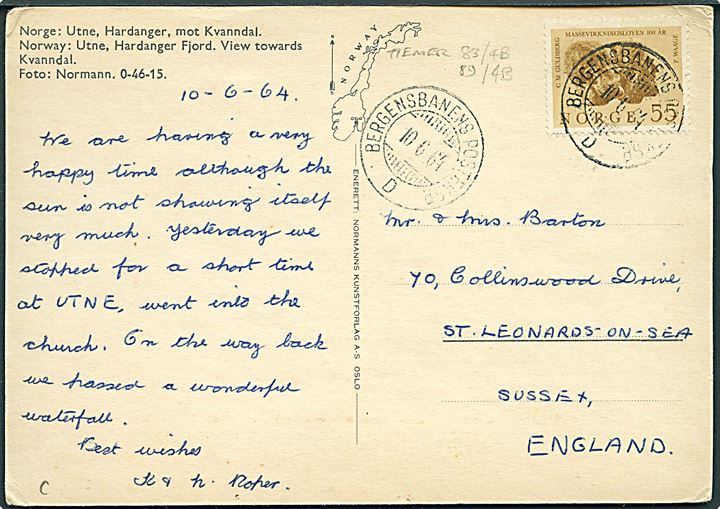 55 øre Guldberg og Waage på brevkort (Utne, Hardanger med færge) annulleret med bureaustempel Bergensbanens Posteksp. D d. 11.6.1964 til St. Leonards on Sea, England.