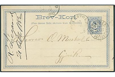 5 øre helsagsbrevkort fra Eidsvold d. 22.10.1882 via bureau Nordbanernes Postexp. d. 22.10.1882 til Gjørvik.