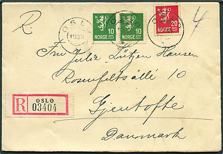 10 øre (par) og 20 øre Løve på anbefalet brev fra Oslo d. 11.12.1931 til Gentofte, Danmark.