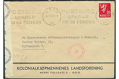 20 øre Løve på brev fra Oslo d. 25.5.1943 til København, Danmark. Åbnet af tysk censur i Oslo og passérstemplet ved censuren i København.