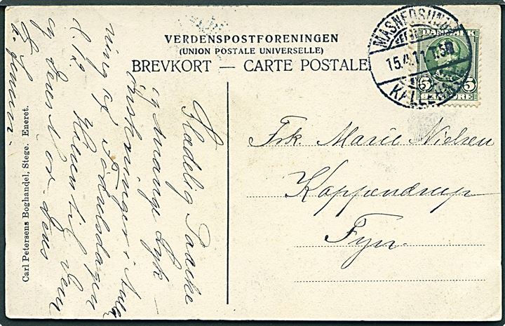 5 øre Fr. VIII på brevkort annulleret med bureaustempel Masnedsund - Kallehave T.5 d. 15.4.1911 til Kappendrup, Fyn.