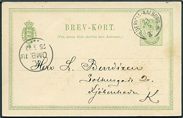 5 øre Våben helsagsbrevkort fra Randers annulleret med lapidar bureaustempel Fredericia - Aalborg d. 24.5.1890 til Kjøbenhavn.