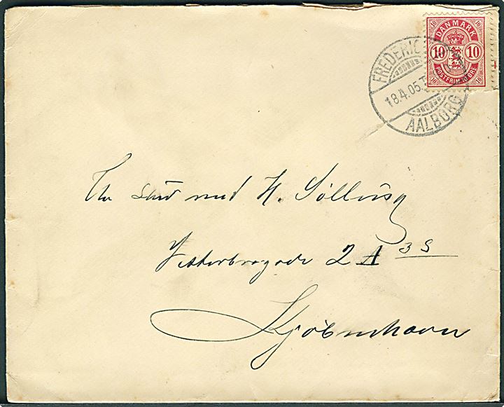 10 øre Våben på brev annulleret med bureaustempel Fredericia - Aalborg T.970 d. 18.4.1905 til Kjøbenhavn.