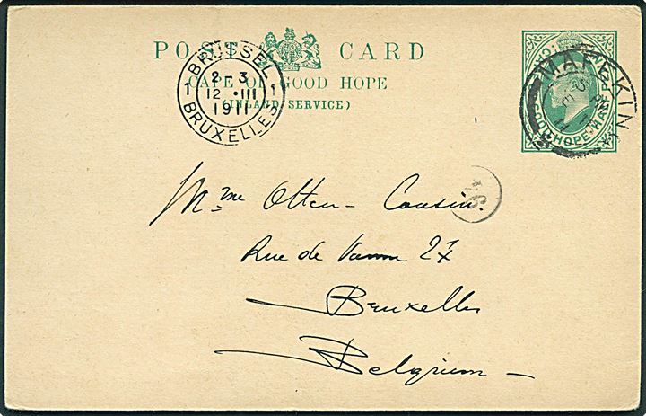 ½d Edward VII helsagsbrevkort fra Mafeking d. 16.2.1911 til Bruxelles, Belgien.