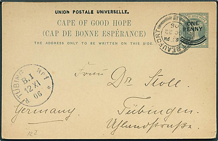 1d/1½d provisorisk Victoria helsagsbrevkort fra Port Beaufort d. 22.10.1906 til Tübingen, Tyskland.