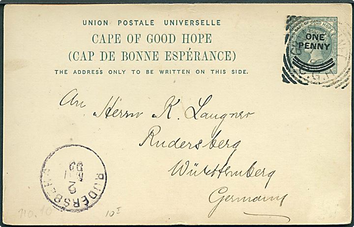 1d/1½d provisorisk Victoria helsagsbrevkort stemplet Graaff Reinet C.G.H. d. 7.4.1899 til Rudersberg, Tyskland.
