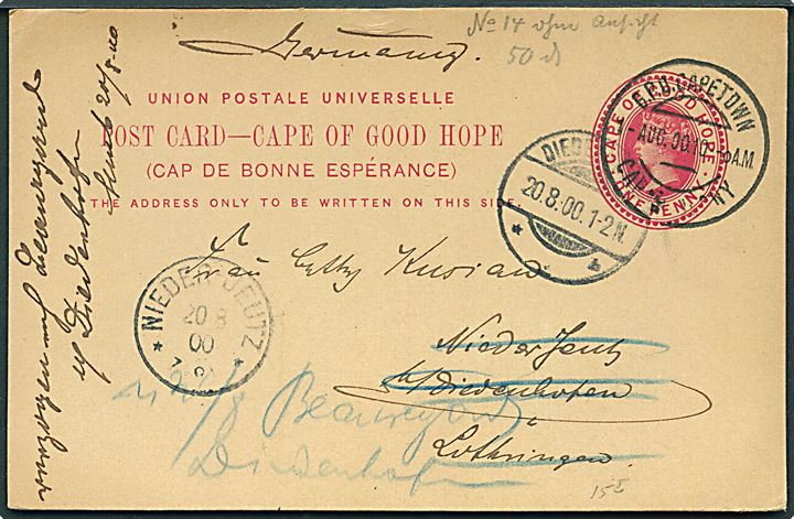 1d Victoria helsagsbrevkort stemplet G.P.O. Capetown Cape Colony d. 1.8.1900 til Nieder Jeutz, Tyskland - eftersendt.