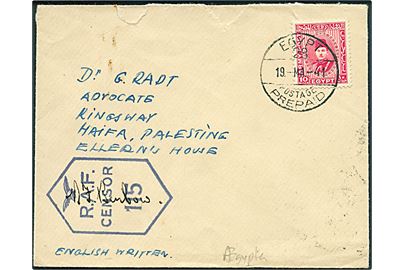 10 mills Army Post på brev stemplet Egypt 28 Postage Prepaid d. 19.5.1941 til Haifa, Palestina. Blå RAF censor no. 115. Rifter.