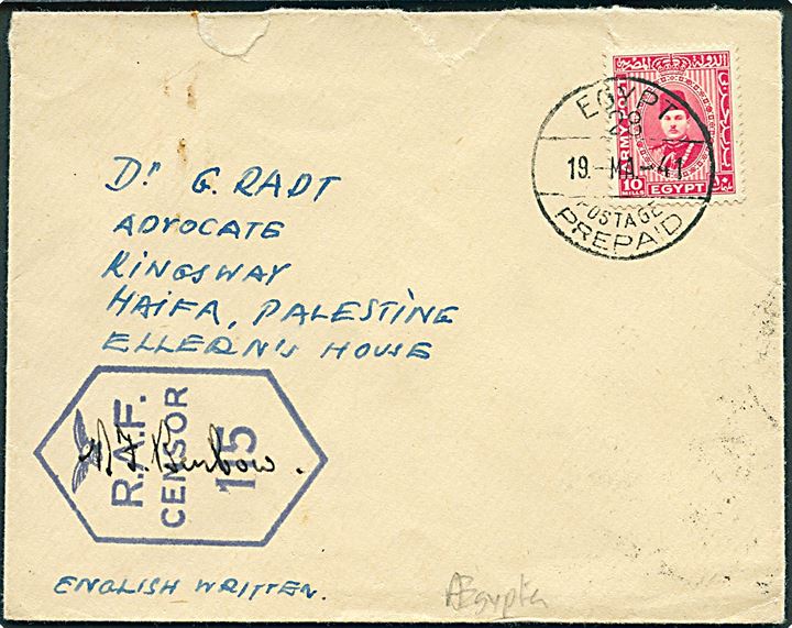 10 mills Army Post på brev stemplet Egypt 28 Postage Prepaid d. 19.5.1941 til Haifa, Palestina. Blå RAF censor no. 115. Rifter.