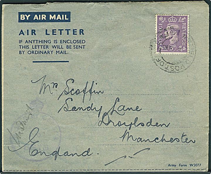 3d George VI på Air Letter stemplet Field Post Office 396 d. 8.3.1944 til Manchester. Svag unit censor. Fuld indhold fra soldat ved Anzio-fronten i Italien med beskrivelse af hans lange rejse gennem Nordafrika. 
